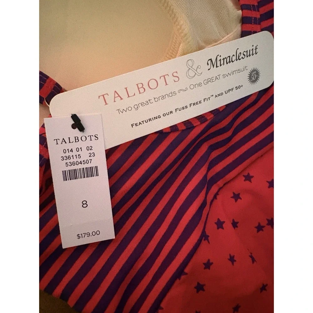 Talbots Miraclesuit One Piece Swimsuit Womens 8 Red Navy Stripe Swimwear NWT